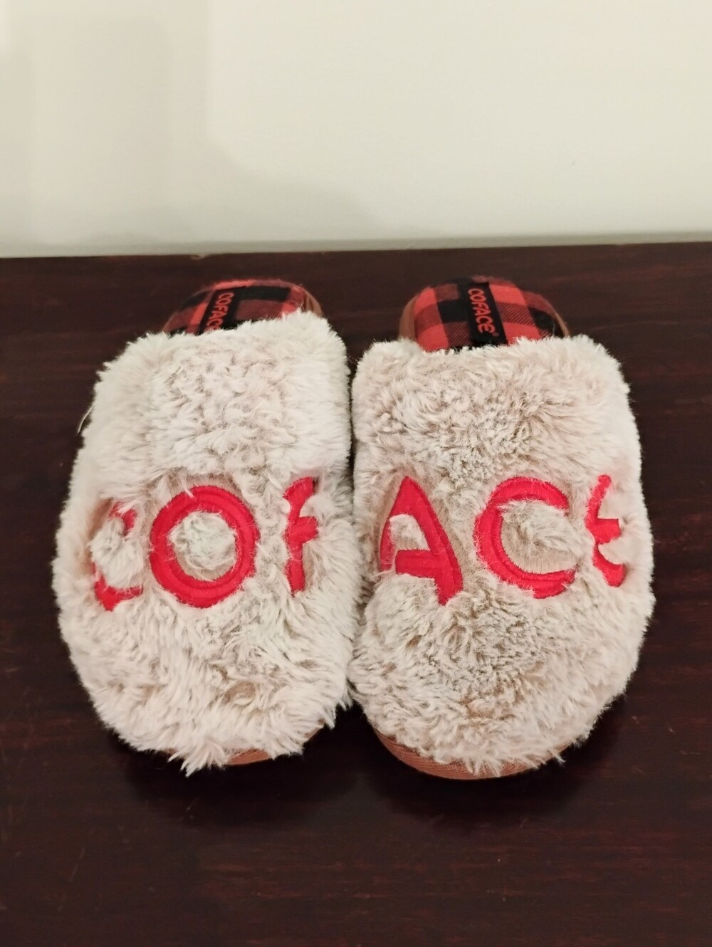 Coface Tan/Red Plaid Memory Foam Slip-on Plush Fur Cushion Slippers - Size 8